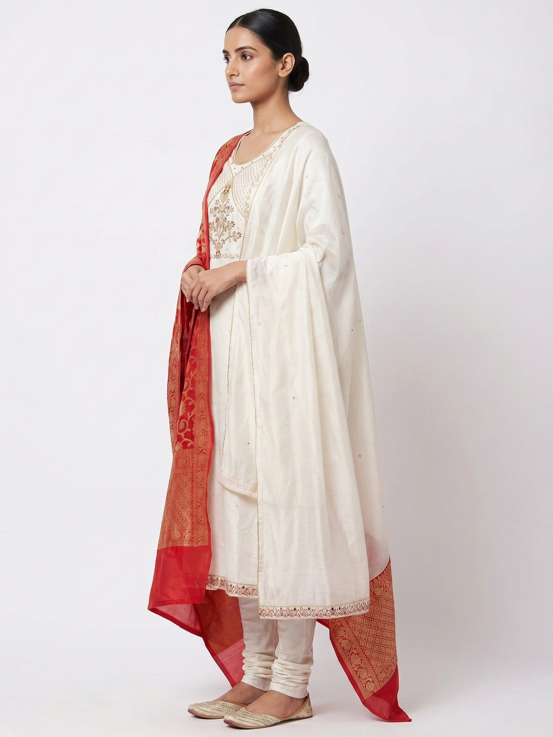 Magnetic White Colored Festive Wear Embroidered Modal Chanderi Dress Material - Image 2