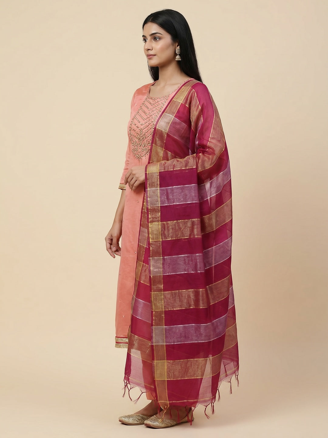 Unique Peach Colored Festive Wear Handwork Modal Chanderi Dress Material - Image 2