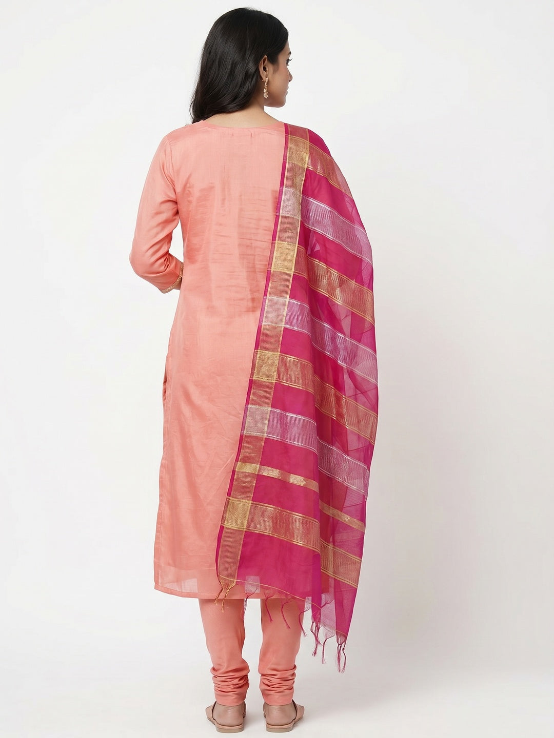 Unique Peach Colored Festive Wear Handwork Modal Chanderi Dress Material - Image 3