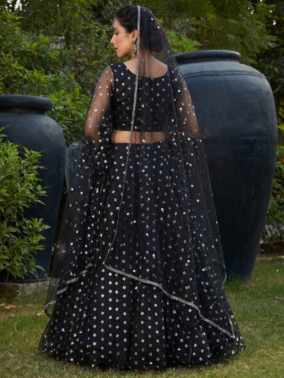 Charming Black Coloured Metallic Foil Printed Net Lehenga Choli - Image 1