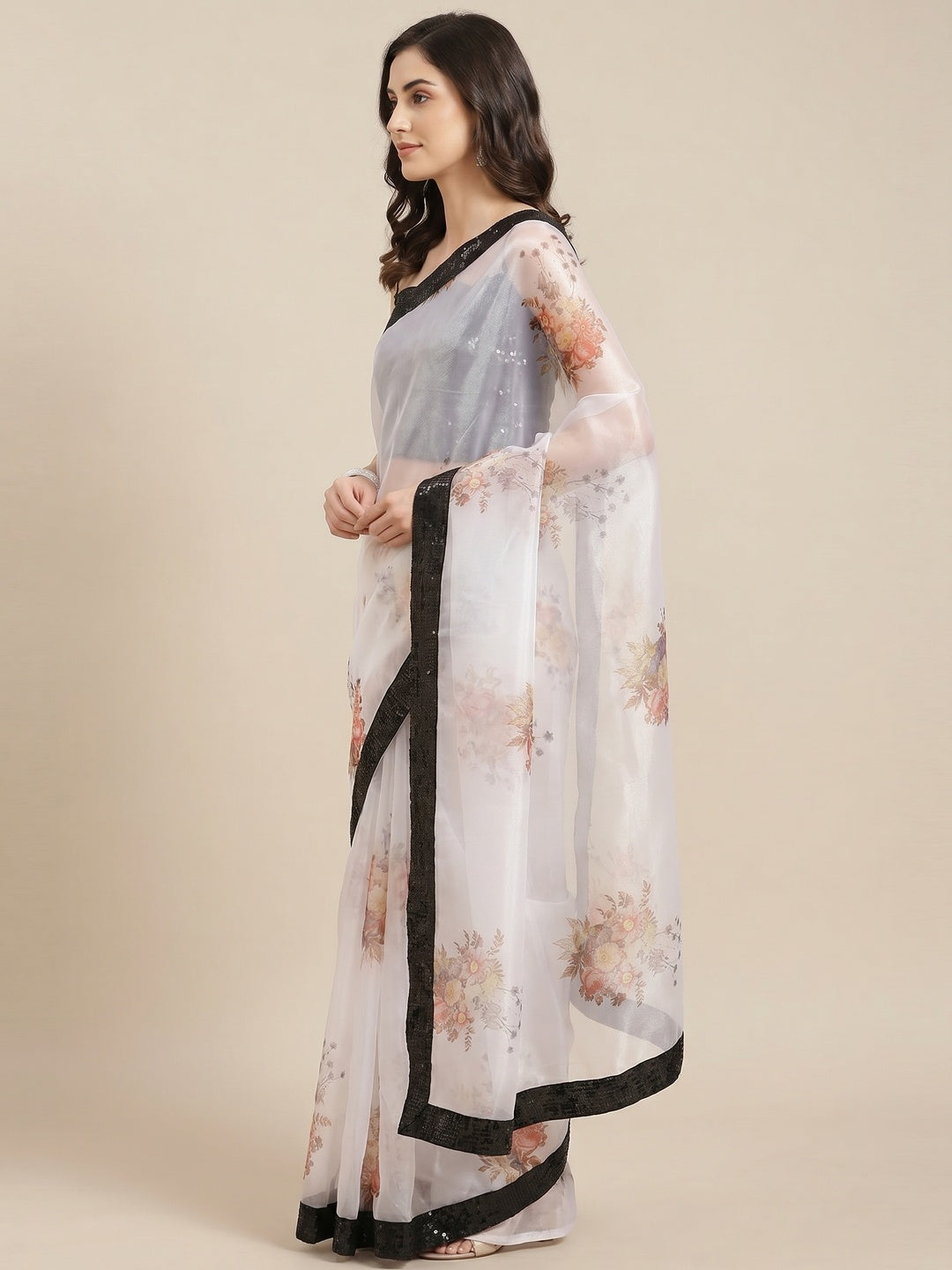 Magnetic White Coloured Partywear Floral Printed Sequins Organza Saree - Image 1