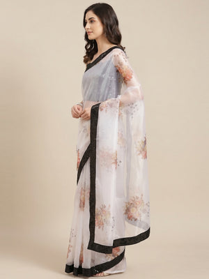 Magnetic White Coloured Partywear Floral Printed Sequins Organza Saree - Image 1