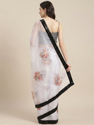 Magnetic White Coloured Partywear Floral Printed Sequins Organza Saree - Image 2