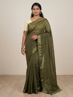 Attractive Mehdi Colored Casual Wear Cotton With Soft Satin Border Saree - Image 1