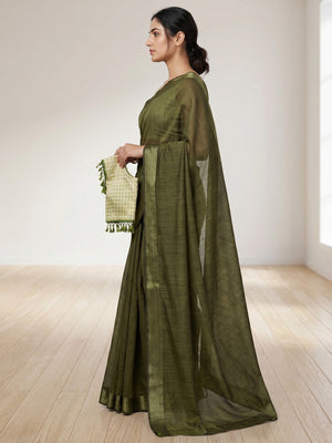 Attractive Mehdi Colored Casual Wear Cotton With Soft Satin Border Saree - Image 2