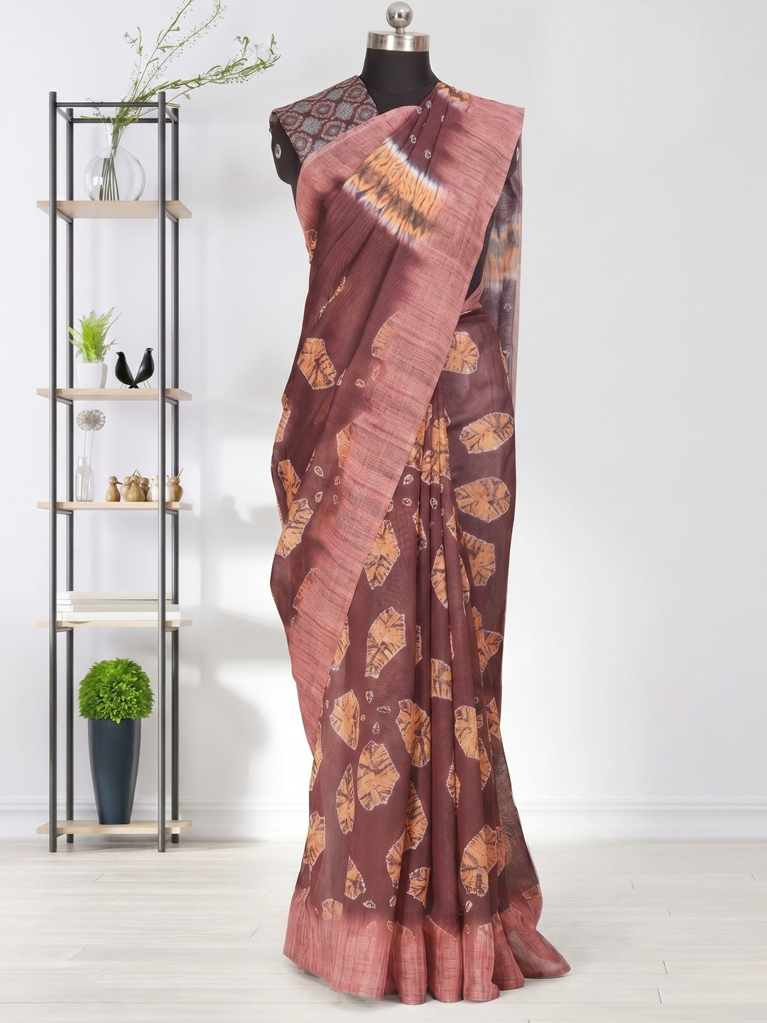 Radiant Brown Coloured Casual Wear Printed Linen Saree - Image 1