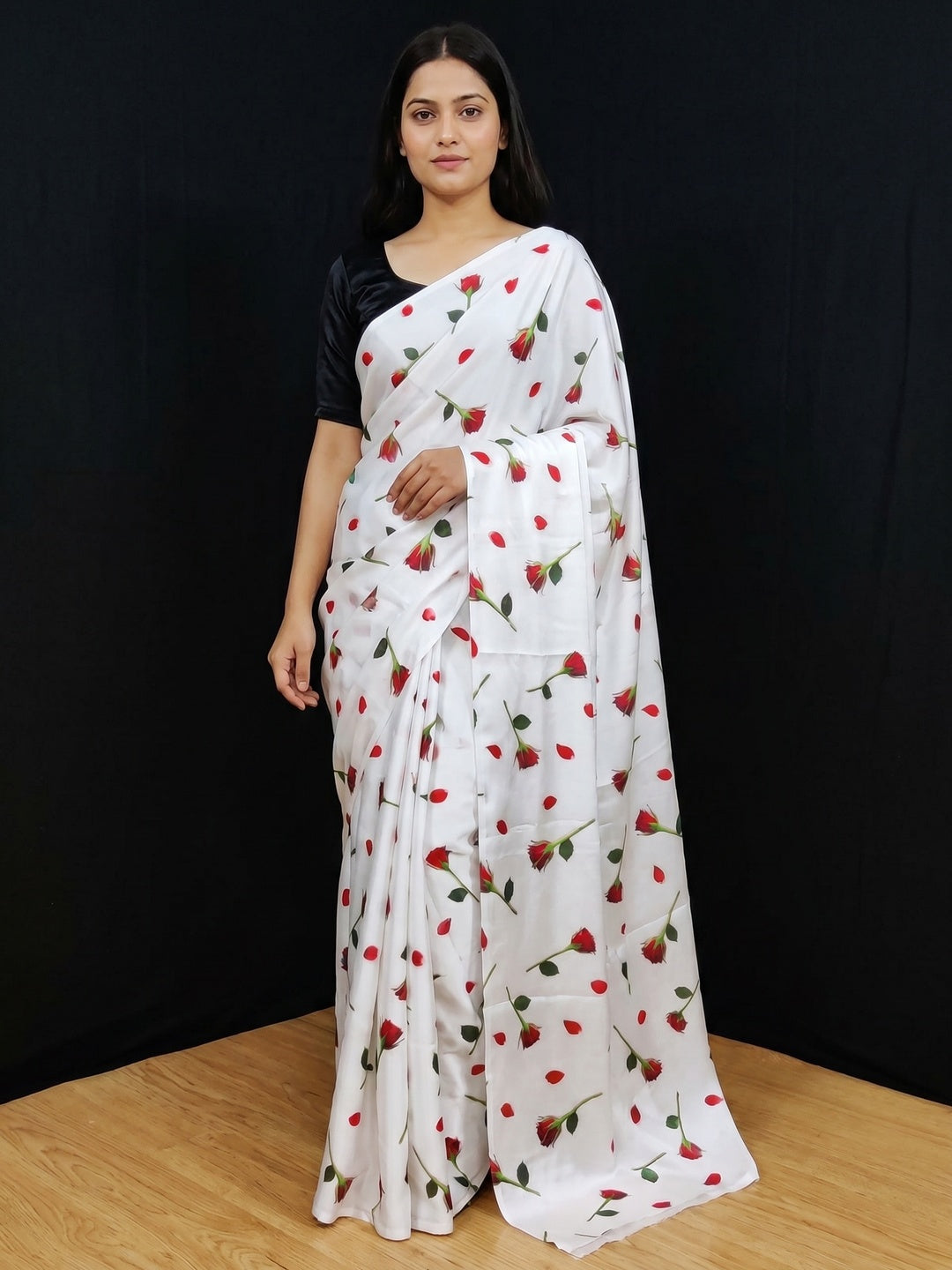 Capricious White Coloured Casual Wear Digital Printed Satin Saree - Image 1