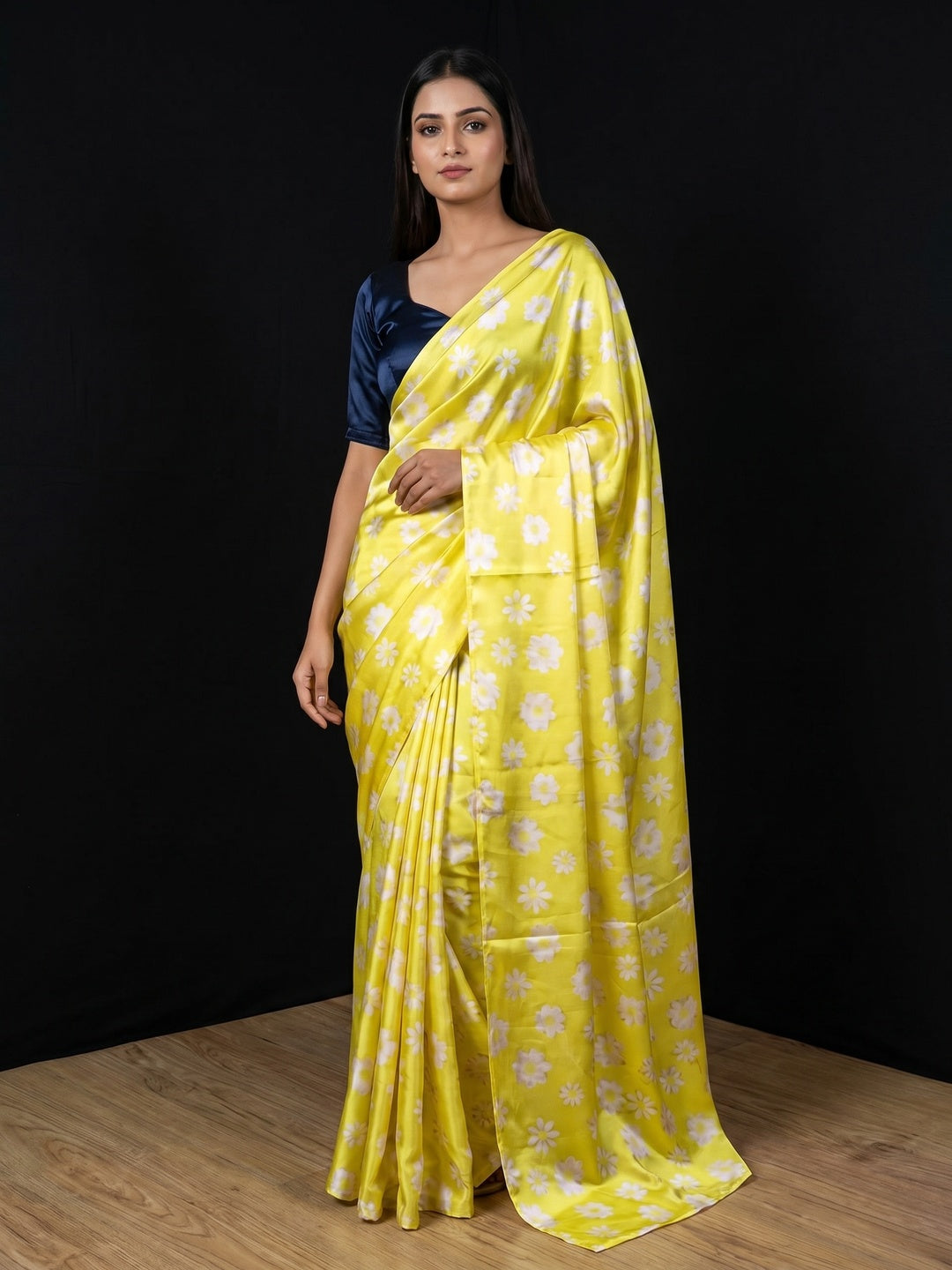 Jazzy Yellow Coloured Casual Wear Digital Printed Satin Saree - Image 1