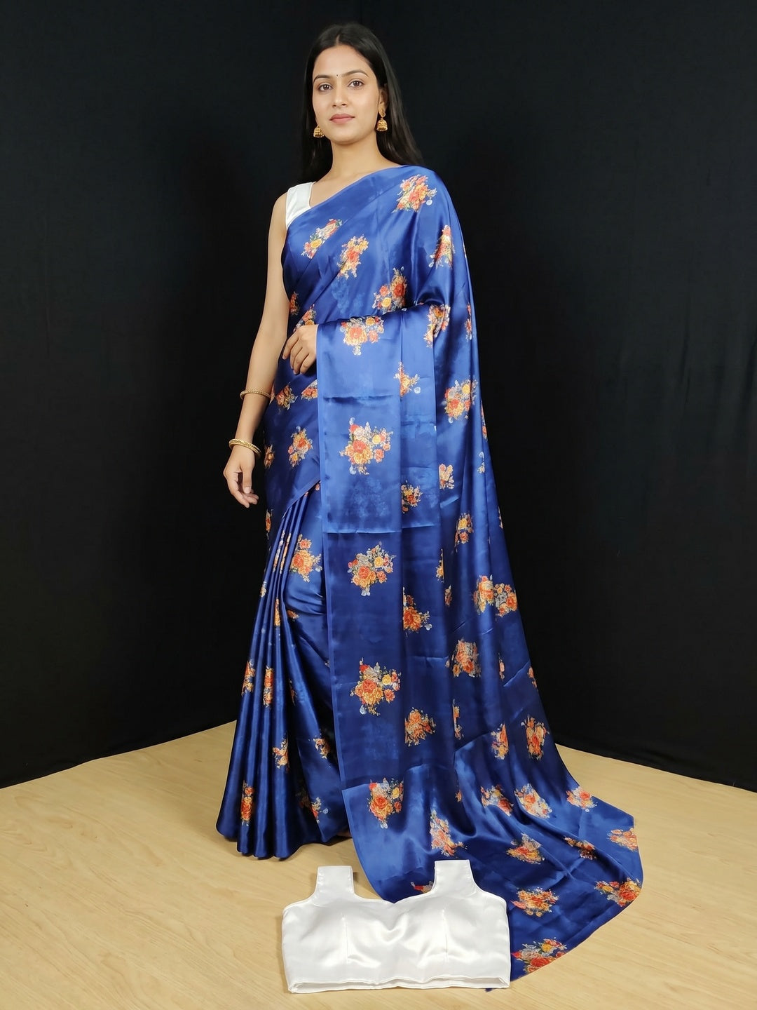 Prominent Blue Coloured Casual Wear Digital Printed Satin Saree - Image 1