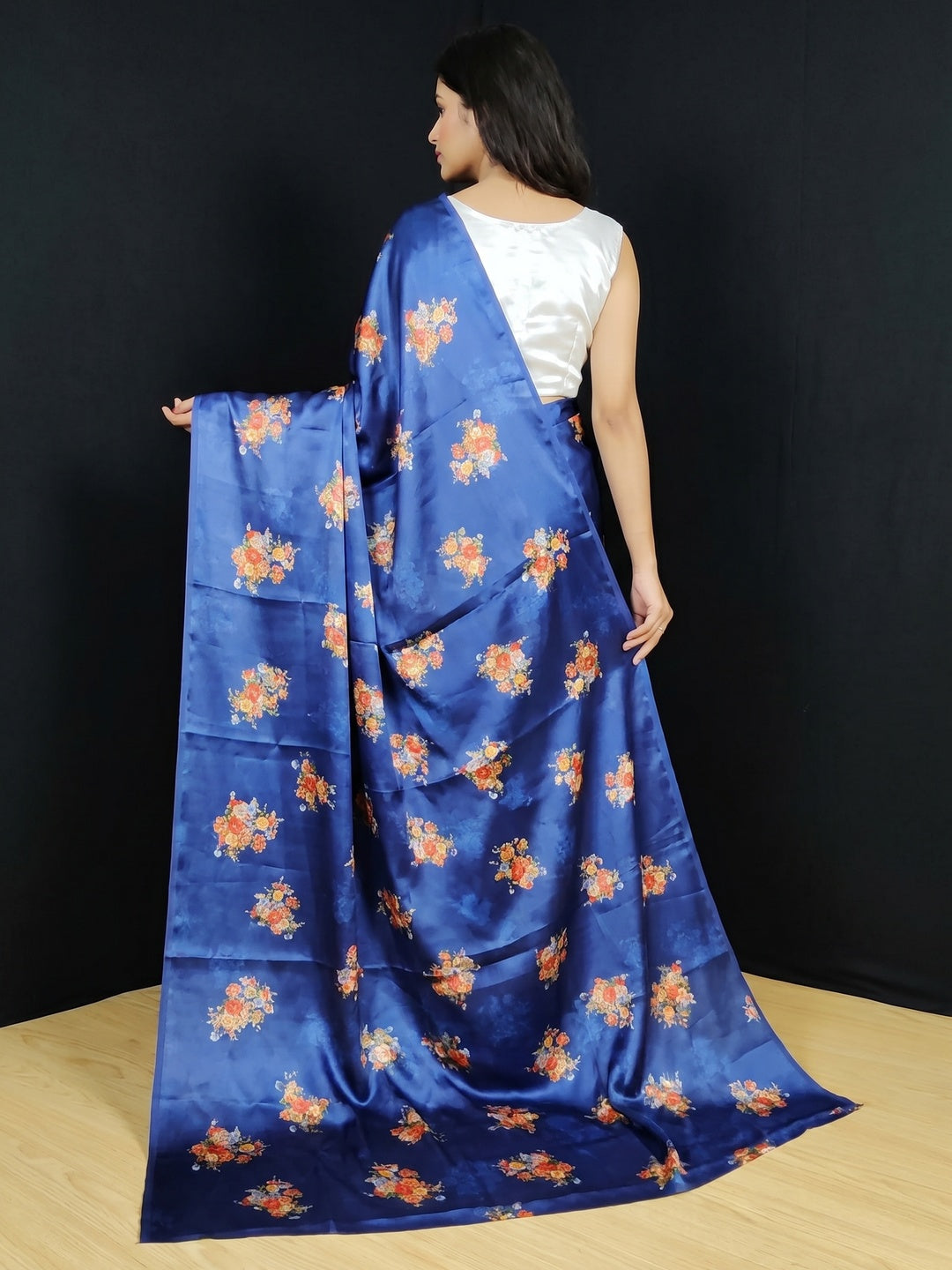 Prominent Blue Coloured Casual Wear Digital Printed Satin Saree - Image 3