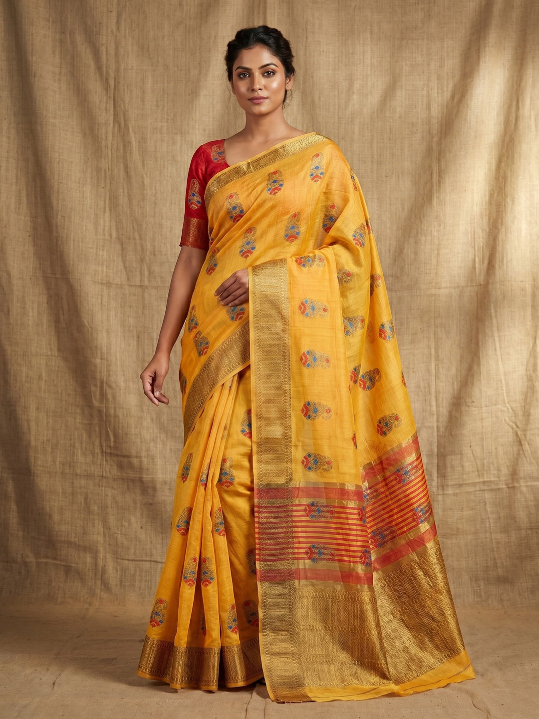 Groovy Yellow Colored Festive Wear Woven Tussar Silk Saree - Image 1