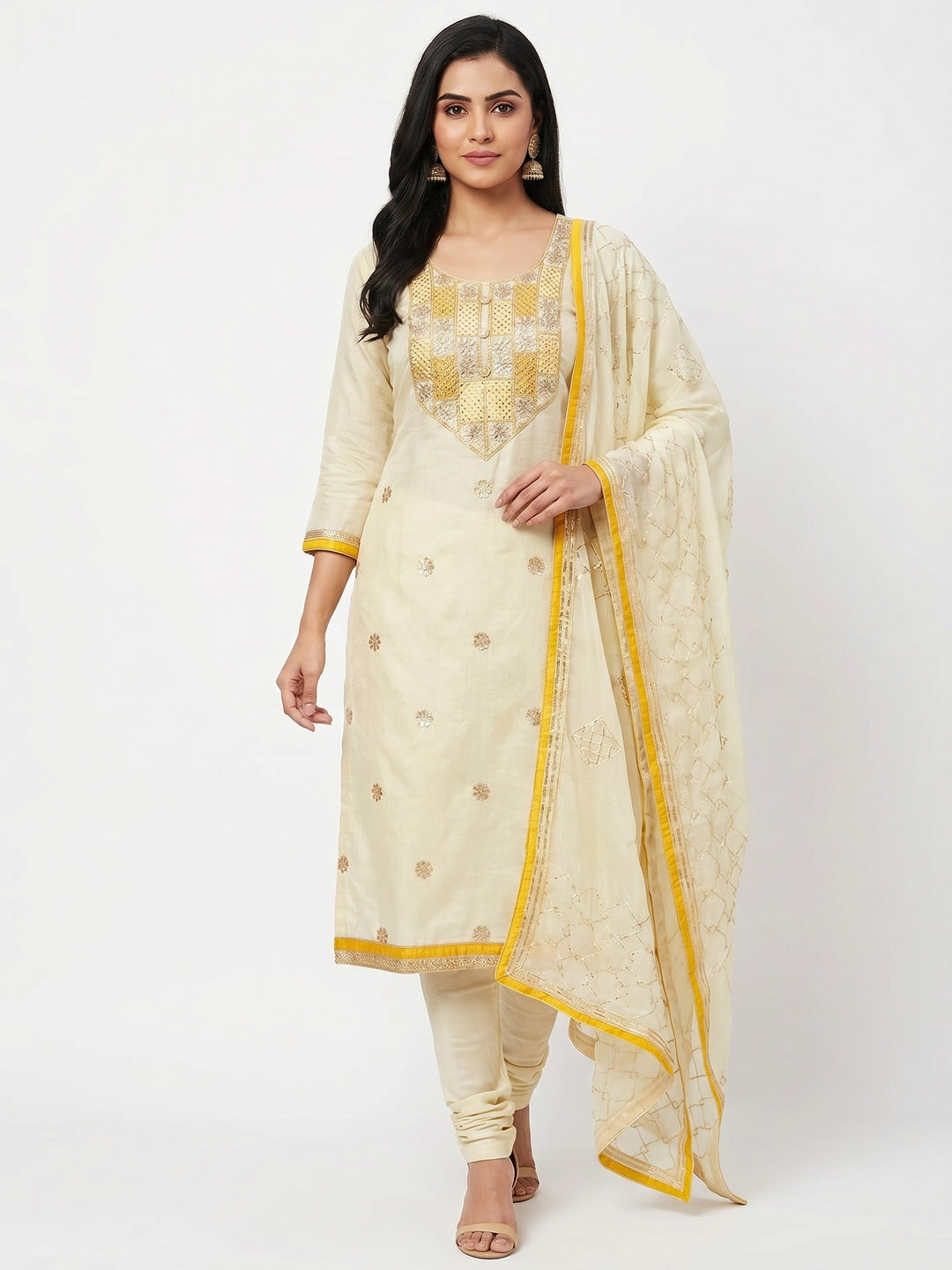 Preferable Yellow Colored Festive Wear Embroidered Heavy Modal Silk Dress Material - Image 1