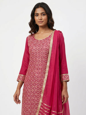 Stunning Dark Pink Colored Festive Wear Embroidered Heavy Modal Silk Dress Material - Image 1