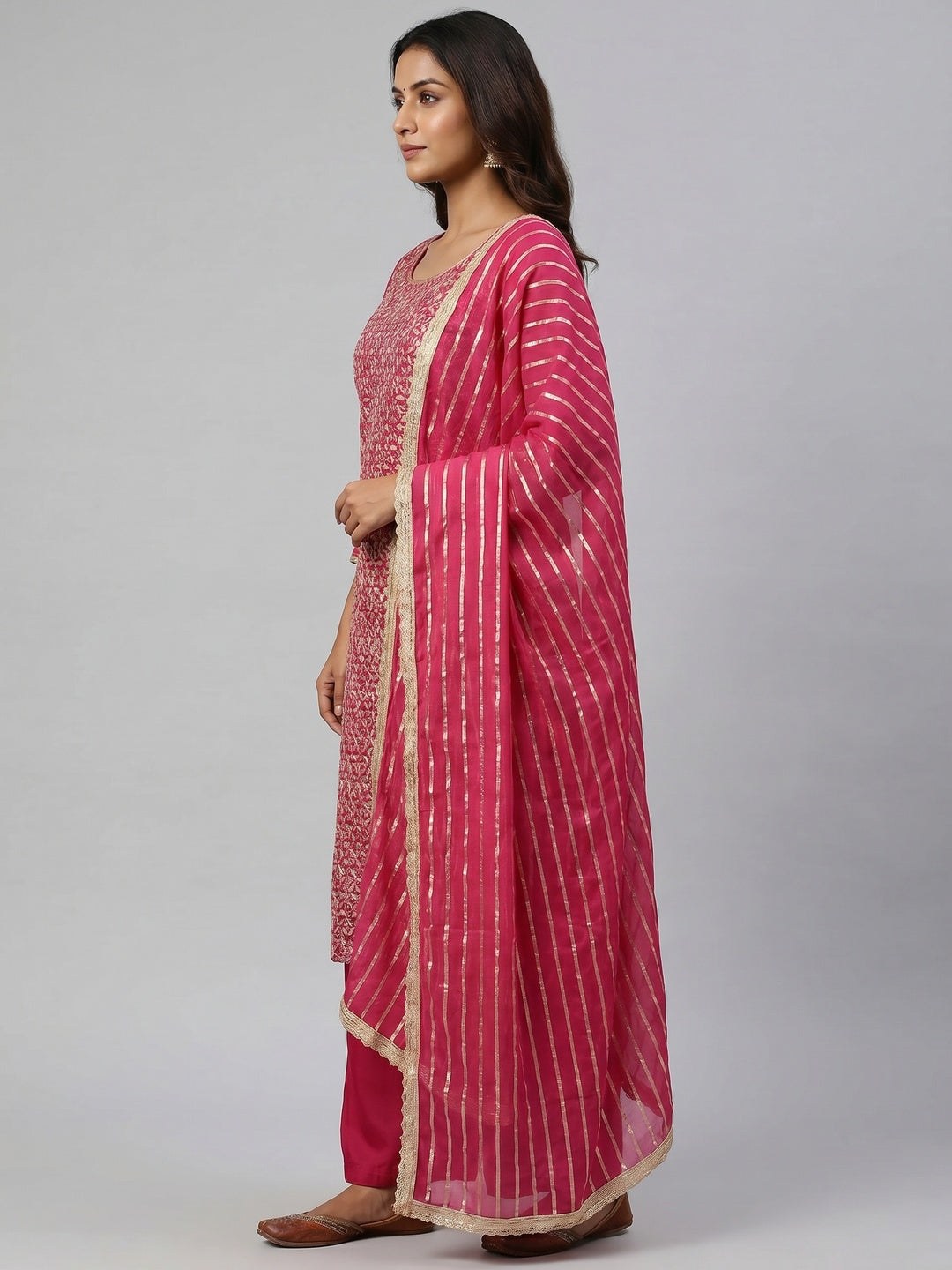 Stunning Dark Pink Colored Festive Wear Embroidered Heavy Modal Silk Dress Material - Image 3
