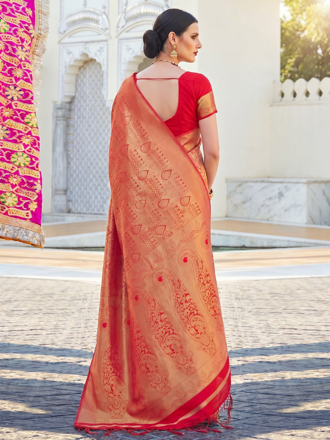 Unique Red Coloured Festive Wear Woven Silk Saree - Image 2