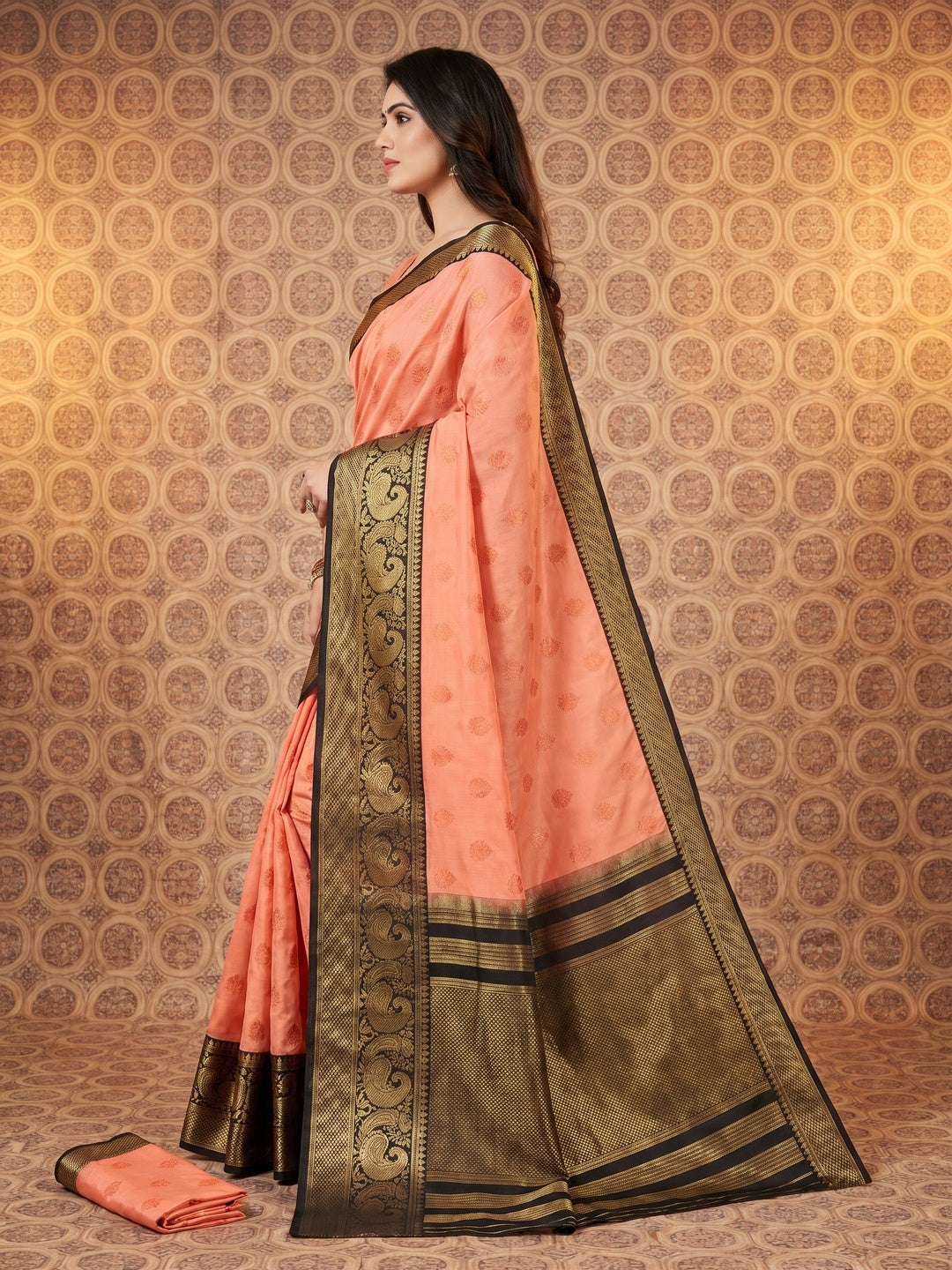 Unique Peach Coloured Festive Wear Woven Art Silk Saree - Image 3