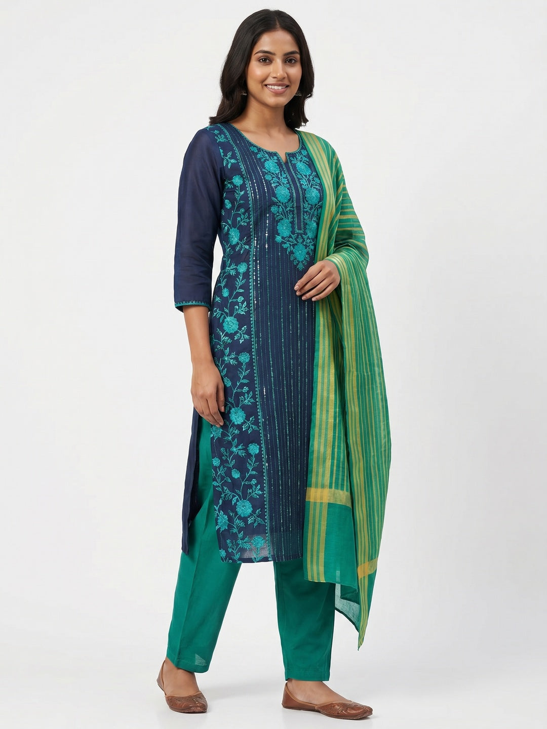 Glorious Navy Blue - Green Colored Casual Wear Embroidered Chanderi Dress Material - Image 1
