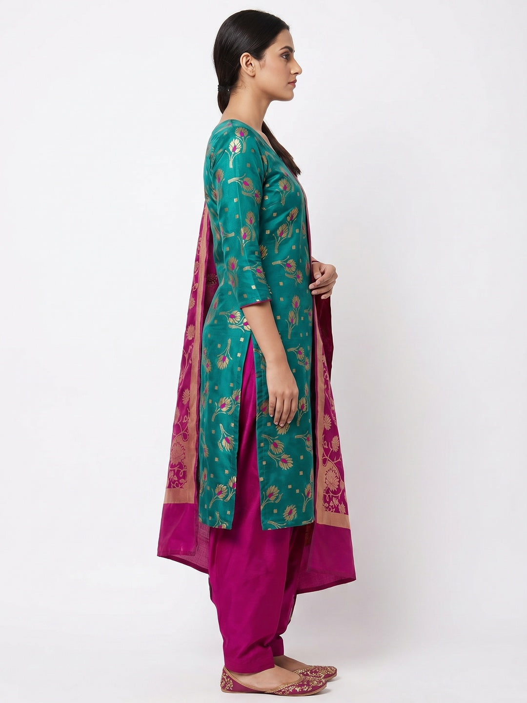 Glowing Rama Green Colored Casual Wear Woven Banarasi Silk Dress Material - Image 3