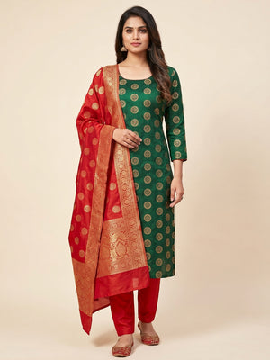 Green Woven Banarasi Silk Dress Material - Image 1