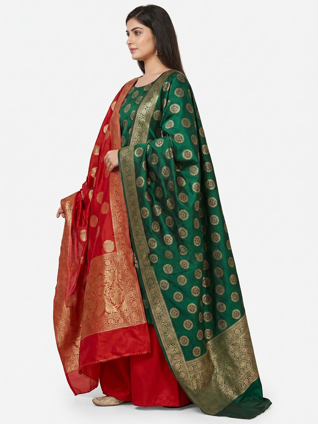 Green Woven Banarasi Silk Dress Material - Image 2