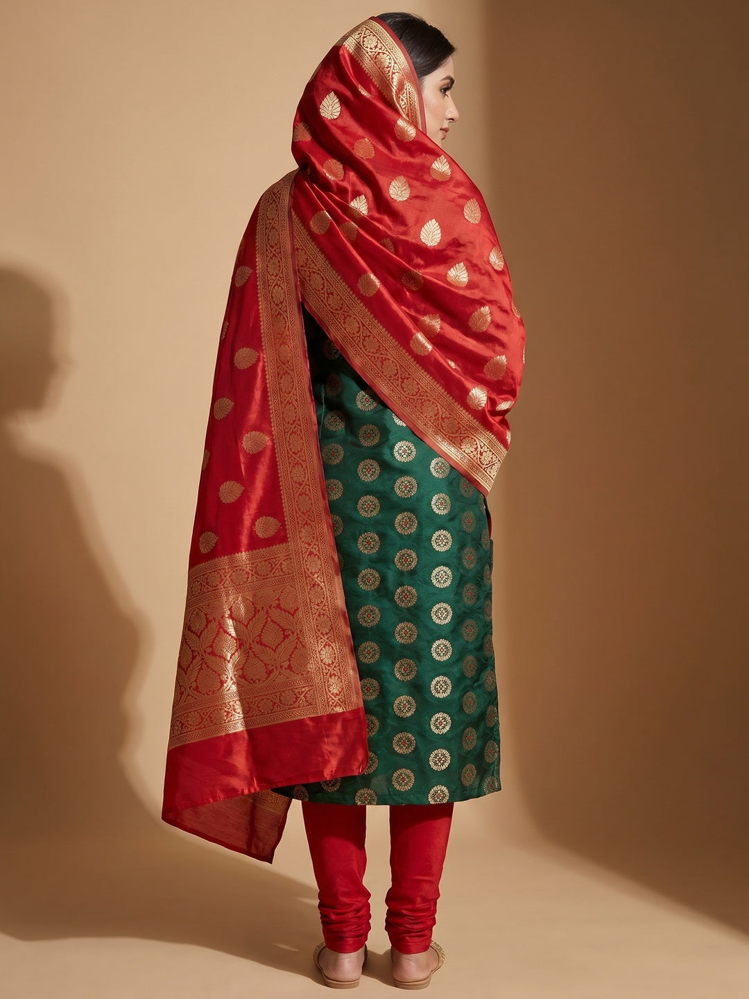 Green Woven Banarasi Silk Dress Material - Image 3