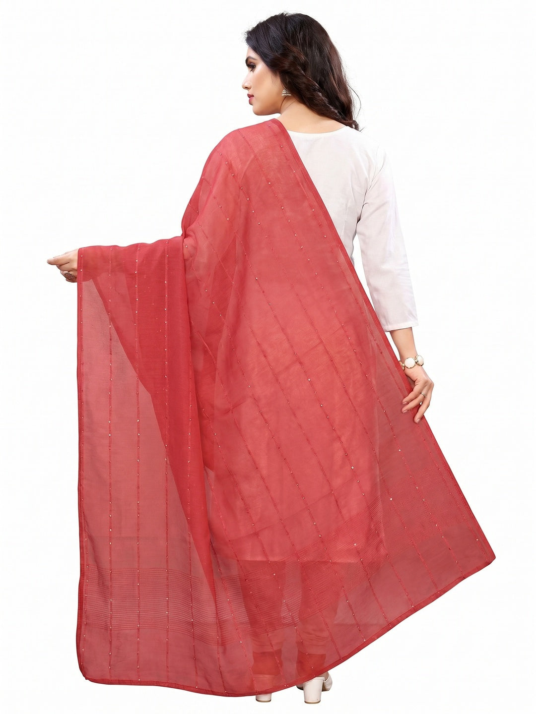 Maroon Stripes Woven Sequins Festive Wear Cotton Silk Dupatta - Image 1