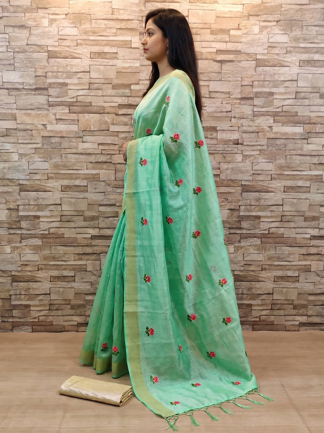 Green Festive Wear Floral Embroidered Manipuri Silk Saree With Tassels - Image 3