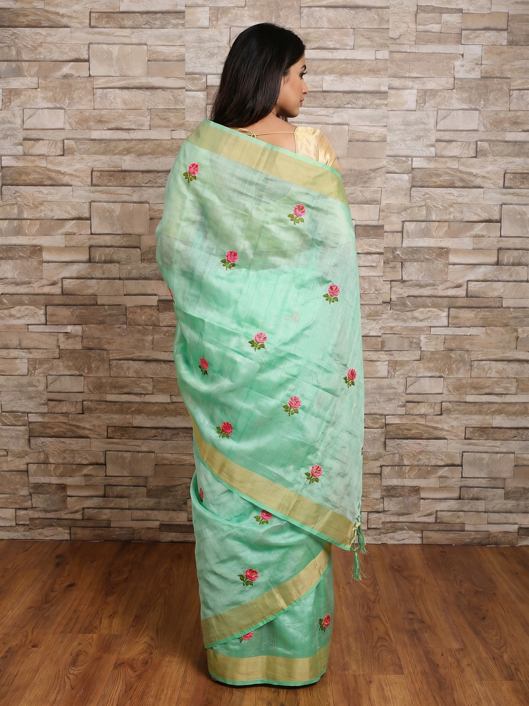 Green Festive Wear Floral Embroidered Manipuri Silk Saree With Tassels - Image 2