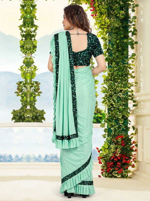 Sea Green Partywear Solid Sequins Work Art Silk Saree - Image 1