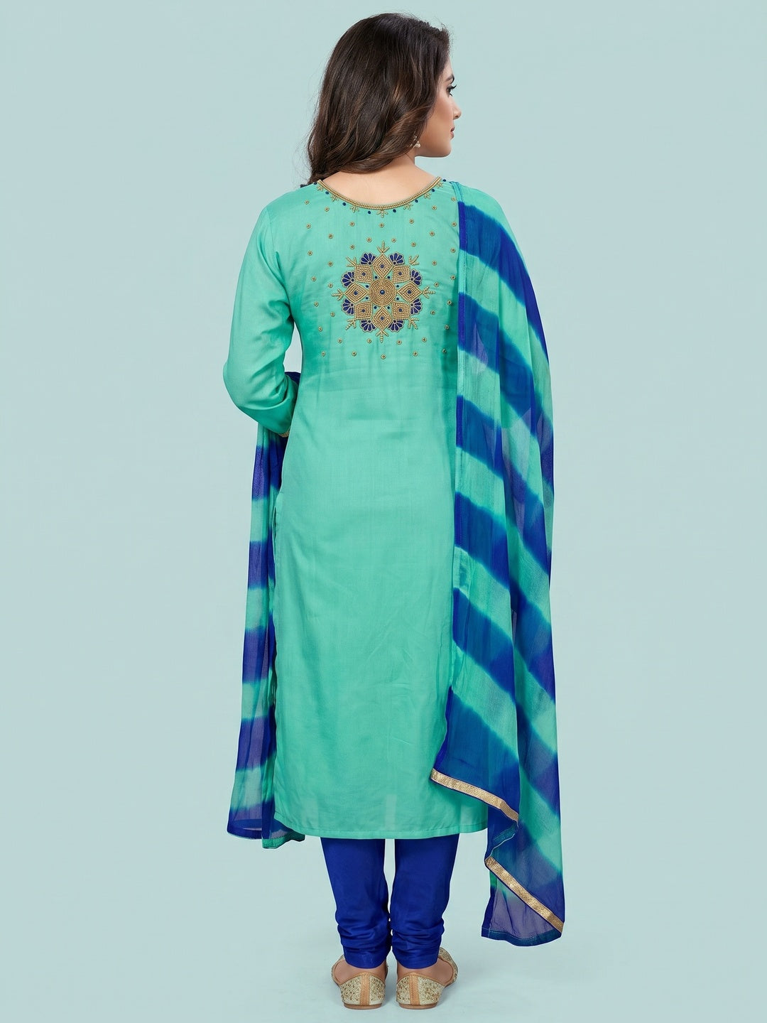 Sea Green Casual Wear Embroidered Modal Dress Material - Image 3
