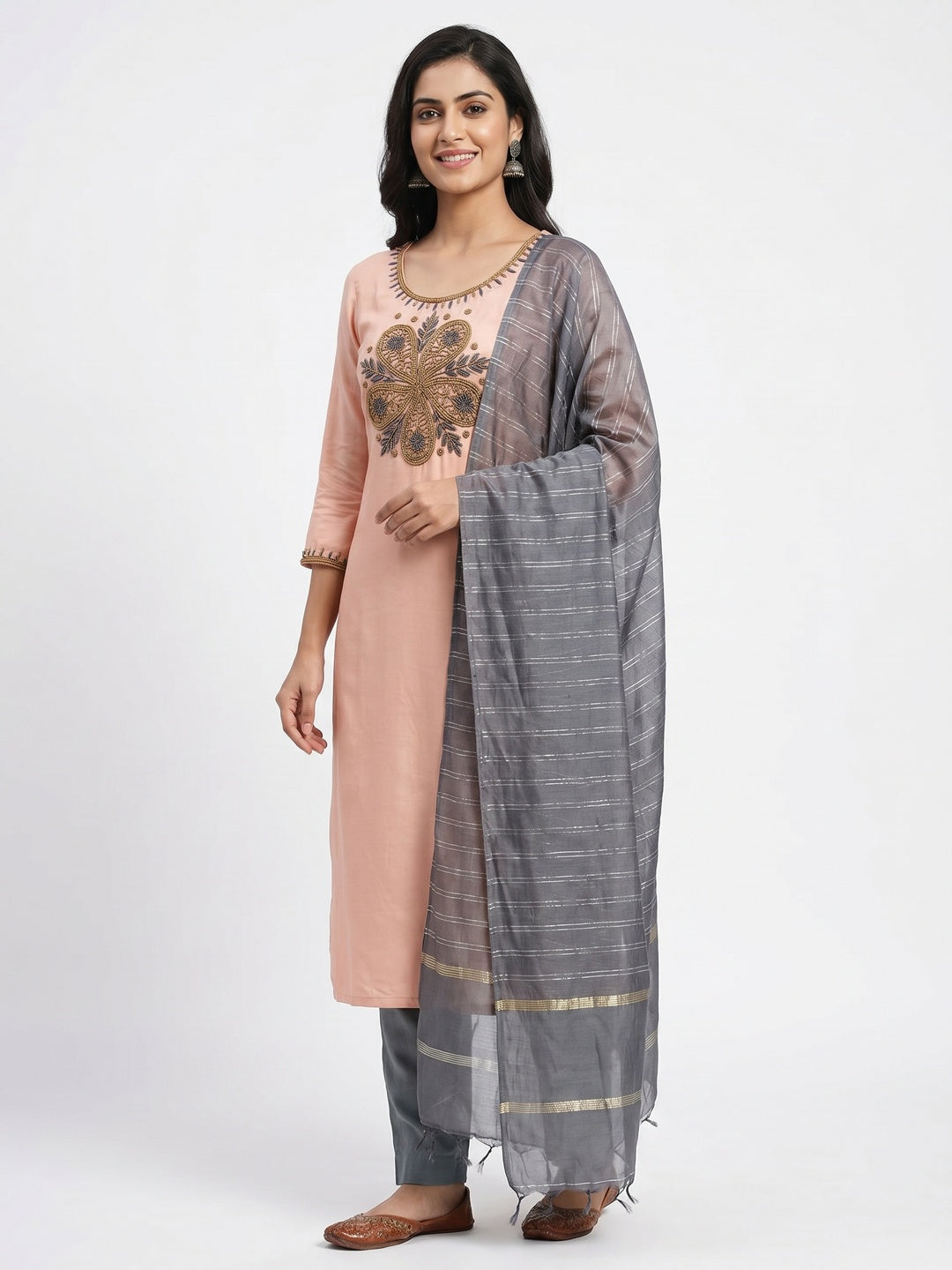 Light Orange Casual Wear Embroidered Modal Dress Material - Image 1