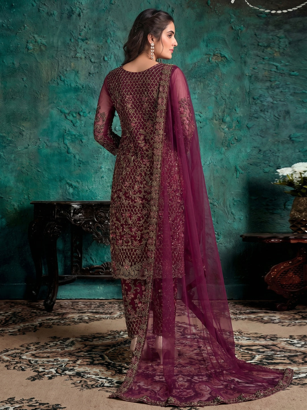 Wine Floral Embroidered Work Net Pakistani Suit - Image 1