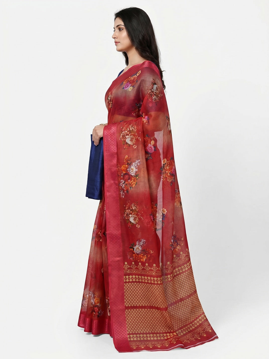 Maroon Festive Wear Floral Digital Printed With Woven Border Soft Cotton Saree - Image 3