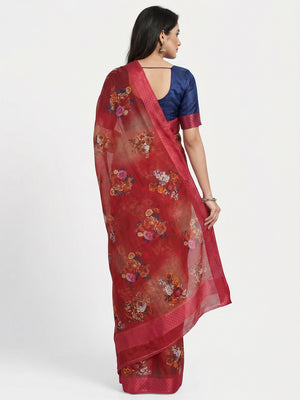Maroon Festive Wear Floral Digital Printed With Woven Border Soft Cotton Saree - Image 2