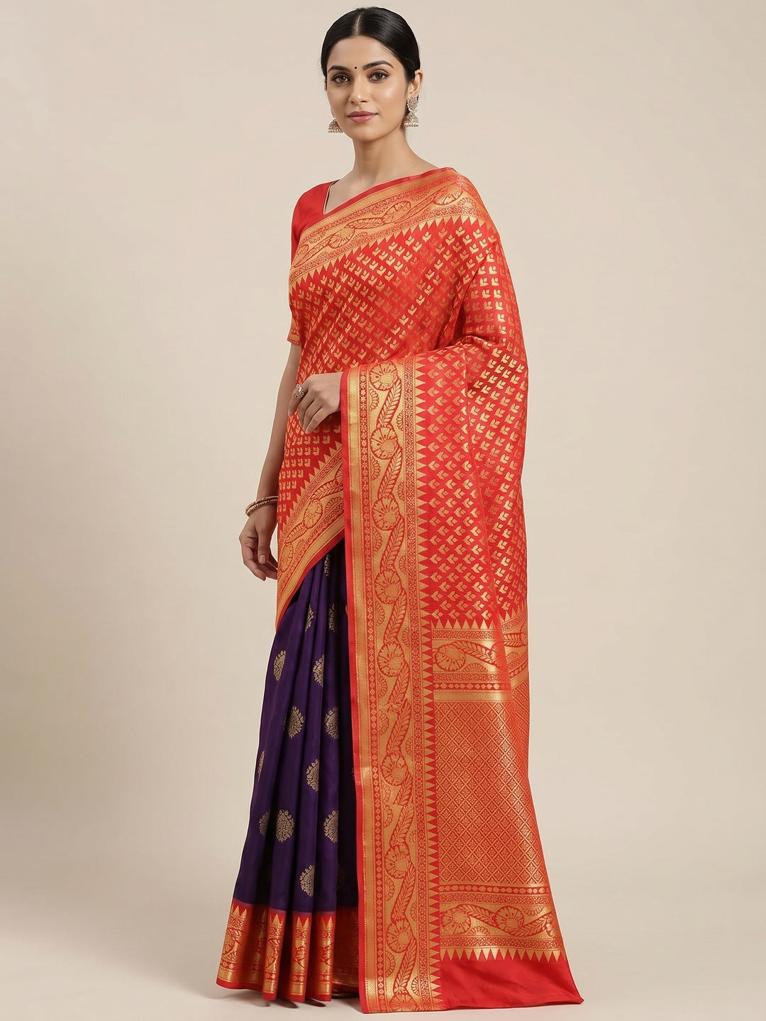 Red-Purple Festive Wear Woven Butti Designer Border Soft Lichi Silk Saree - Image 3