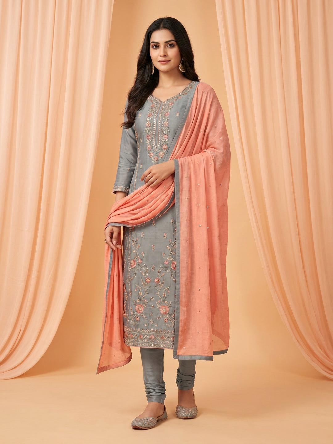 Grey Casual Wear Floral Embroidered Silk Dress Material - Image 1