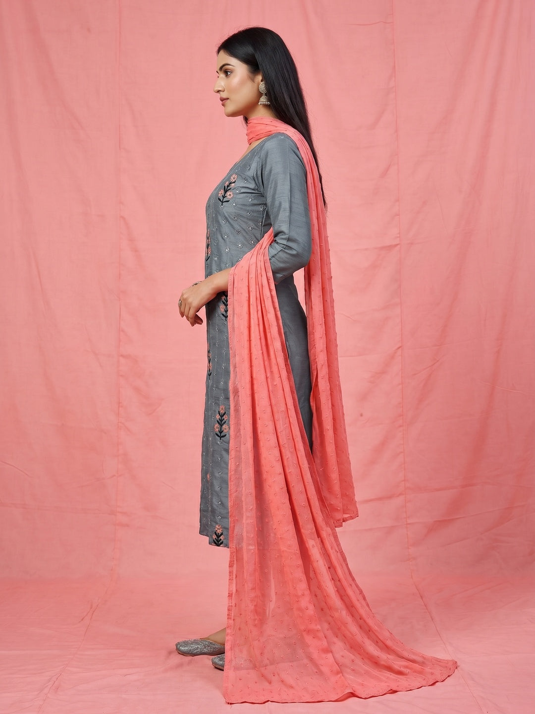 Grey Casual Wear Floral Embroidered Silk Dress Material - Image 2