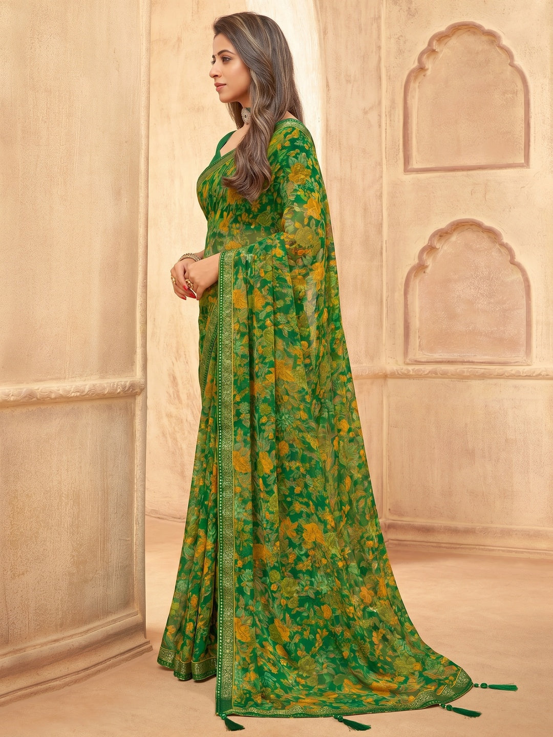 Green Casual Wear Floral Printed with Tassels Chiffon Saree - Image 1