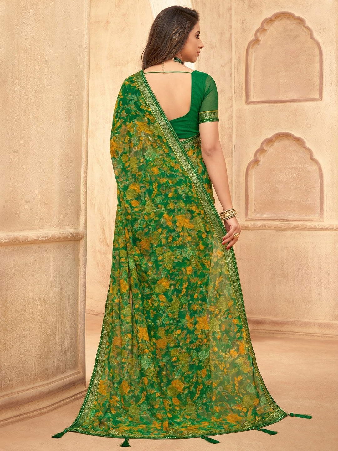 Green Casual Wear Floral Printed with Tassels Chiffon Saree - Image 2