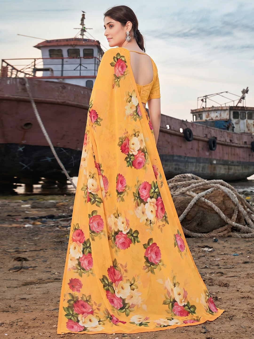 Yellow-Multicolor Festive Wear Floral Printed Georgette Saree - Image 1