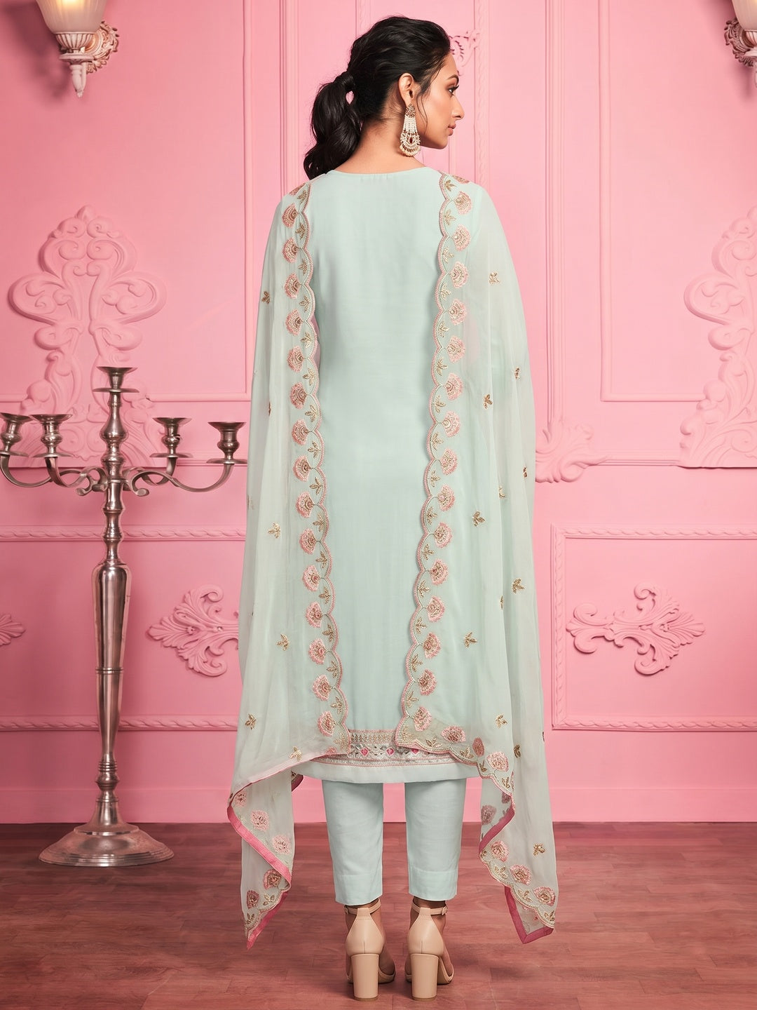 Misty Teal Partywear Thread & Zari Floral Embroidery Alizeh Georgette Suit - Image 1