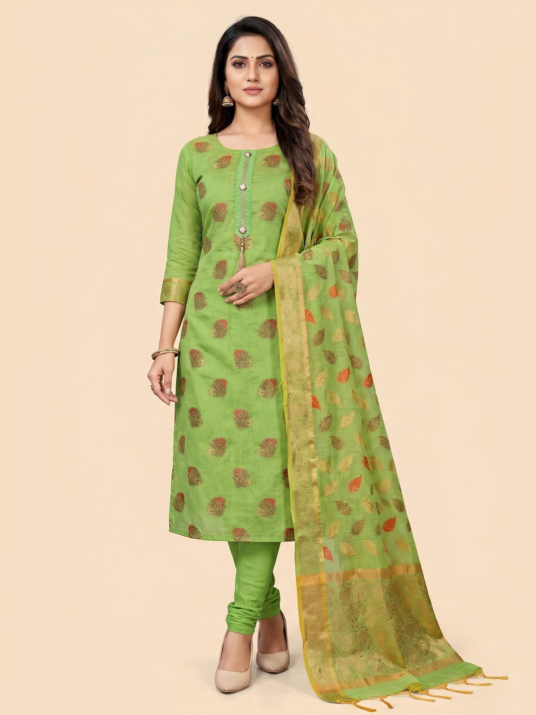 Green Festive Wear Woven Work Banarasi Jacquard Dress Material - Image 1