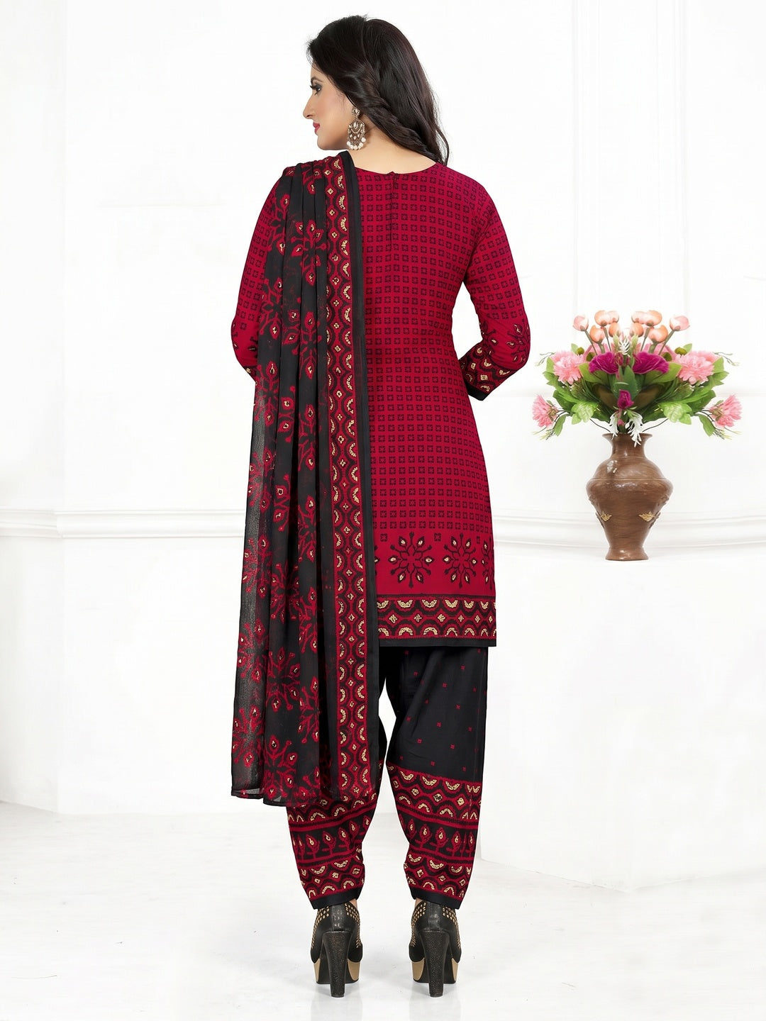 Red Casual Wear Printed Leon Patiala Dress Material - Image 2