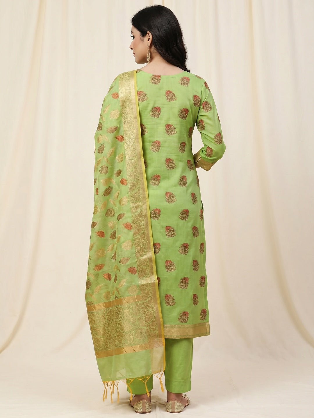 Green Festive Wear Woven Work Banarasi Jacquard Dress Material - Image 2