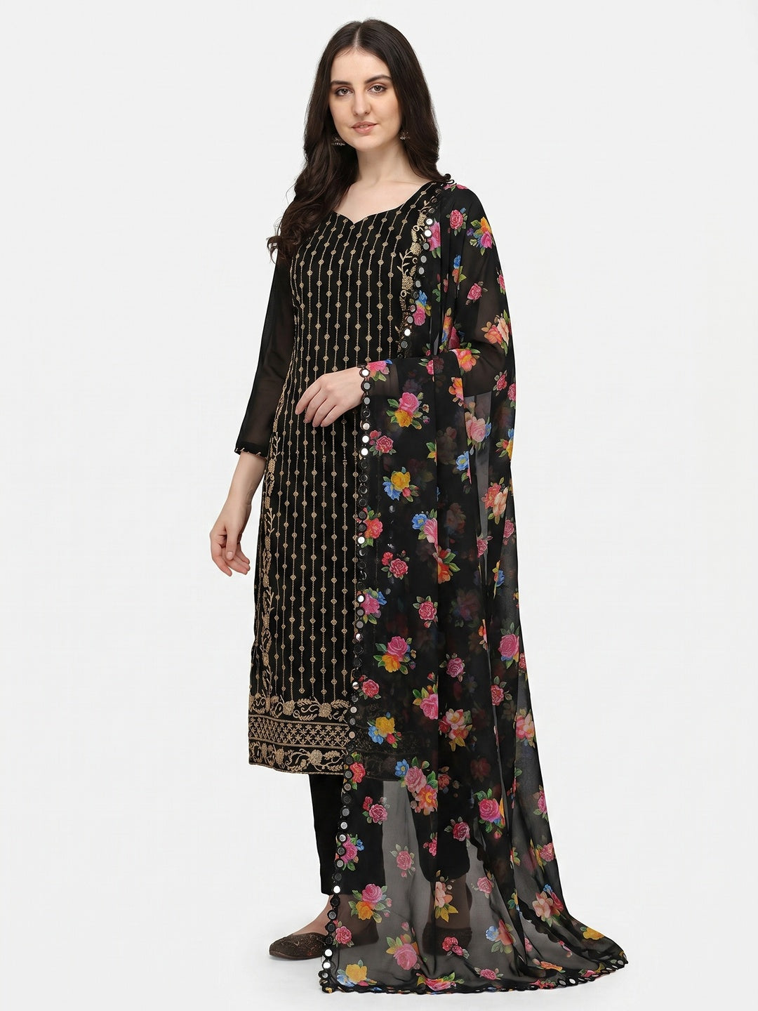 Black Casual Wear Embroidered Georgette Dress Material - Image 1