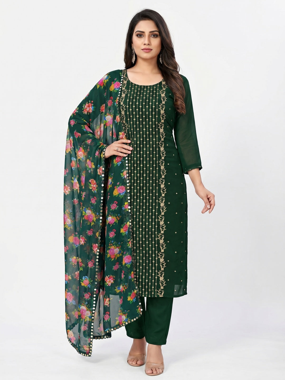 Green Casual Wear Embroidered Georgette Dress Material - Image 1