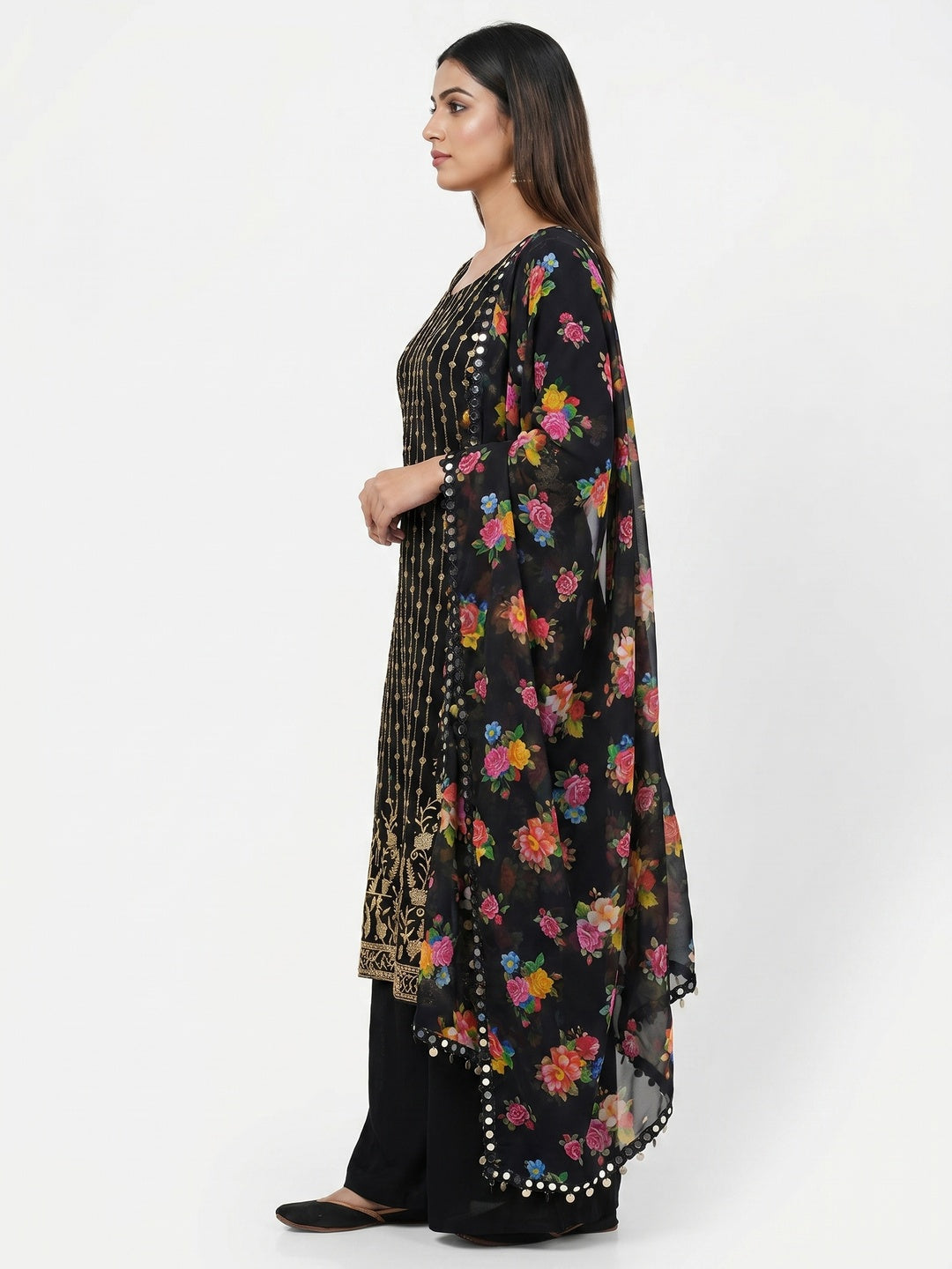 Black Casual Wear Embroidered Georgette Dress Material - Image 3