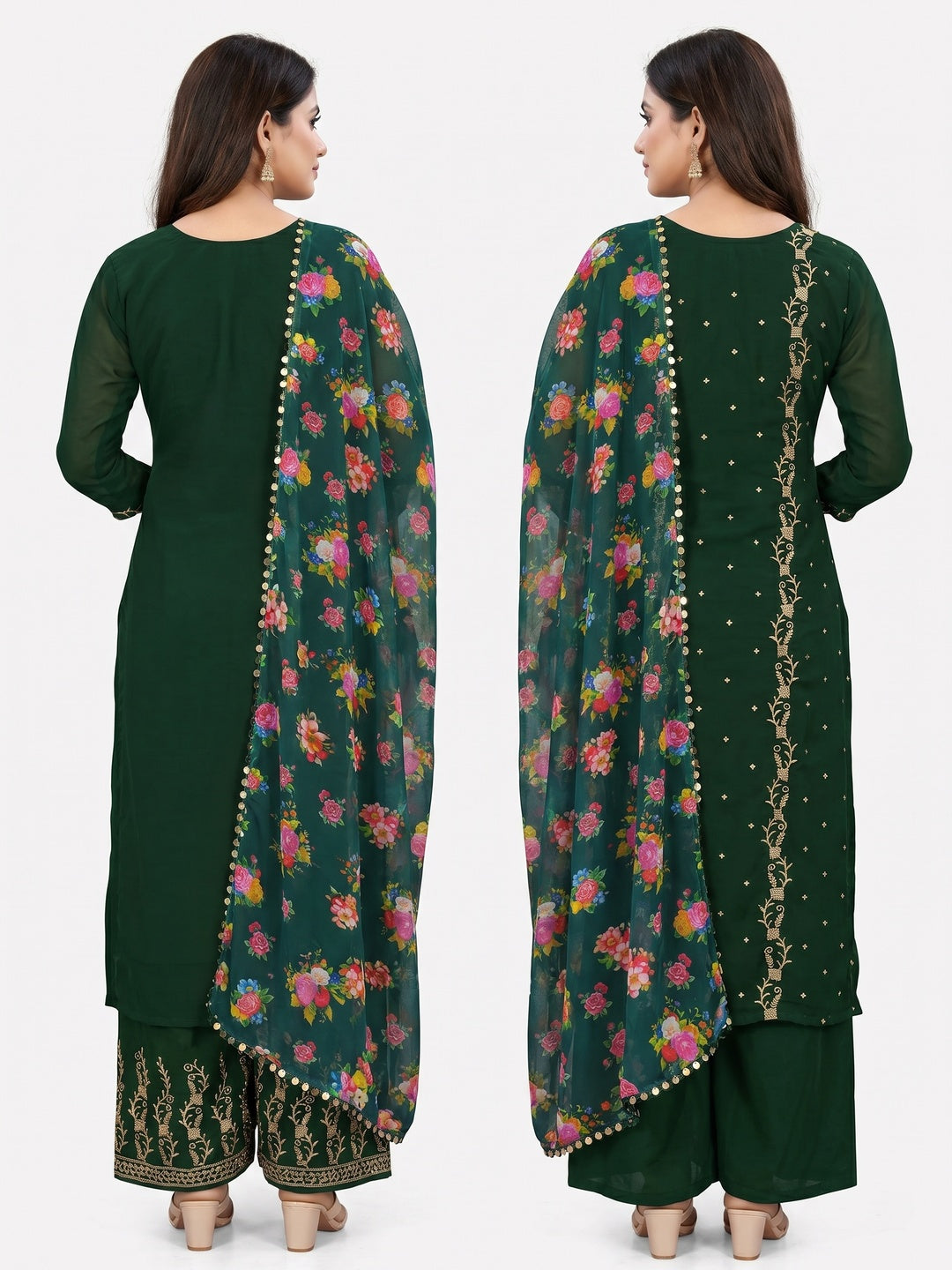 Green Casual Wear Embroidered Georgette Dress Material - Image 2