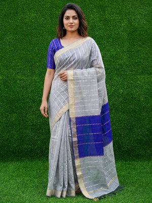 Grey Festive Wear Stripes With Sequins Woven Work Cotton Saree - Image 1