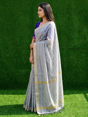 Grey Festive Wear Stripes With Sequins Woven Work Cotton Saree - Image 2